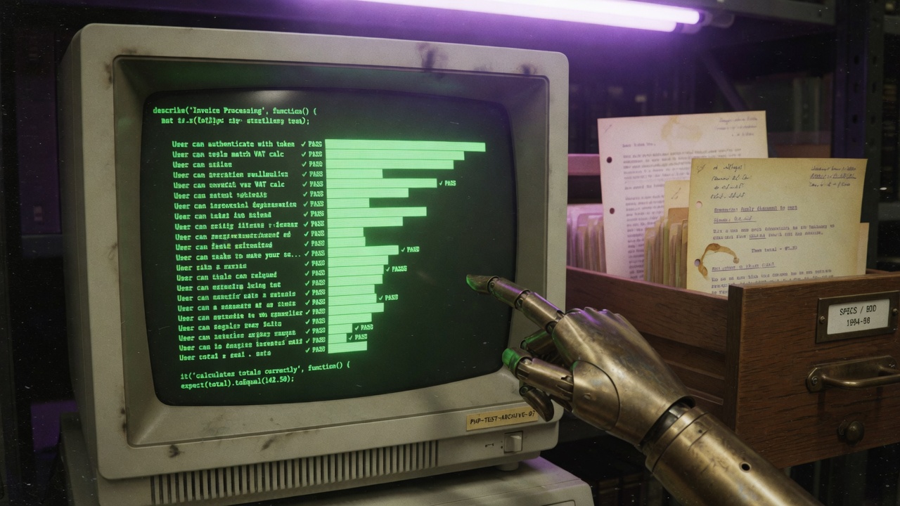 Close-up of a vintage CRT labeled PHP-TEST-ARCHIVE-97 showing describe/it spec text and a stack of green PASS bars, with a brass robot finger pointing at the phosphor while a wooden drawer marked SPECS / BDD 1994-98 holds yellowed typed sheets.