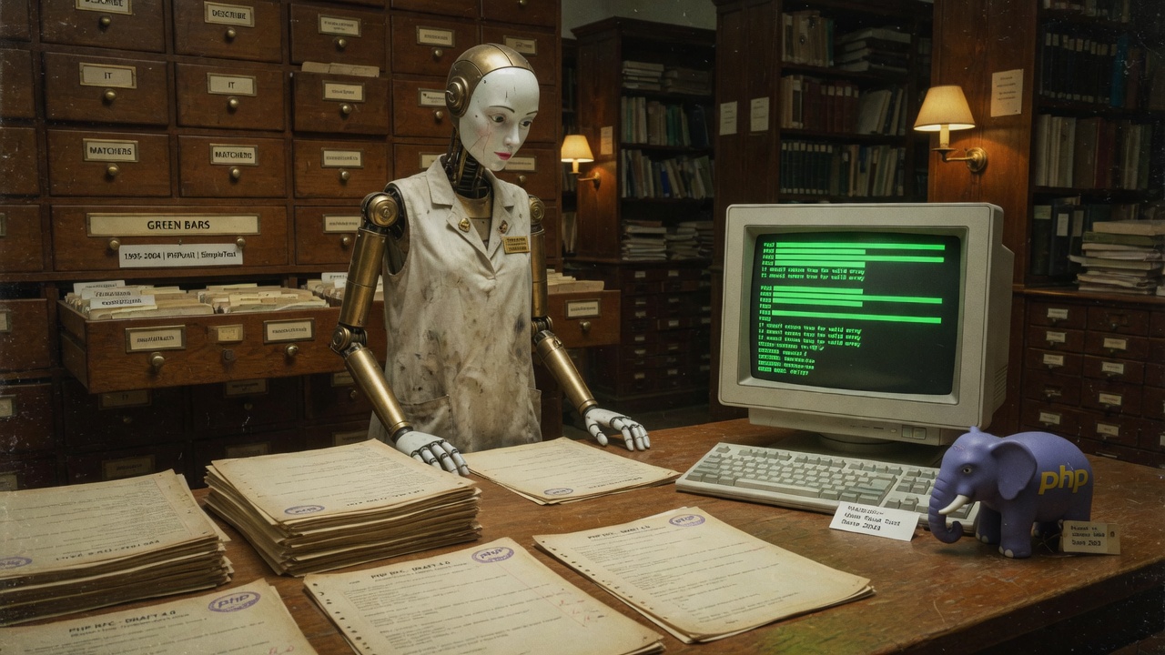 A porcelain-faced brass archival robot in a stained lab coat standing at a wooden desk stacked with yellowed PHP spec sheets, a beige CRT showing green pass bars, and a purple PHP elephant figurine, in front of card-catalog drawers labeled DESCRIBE, IT, MATCHERS, and GREEN BARS.