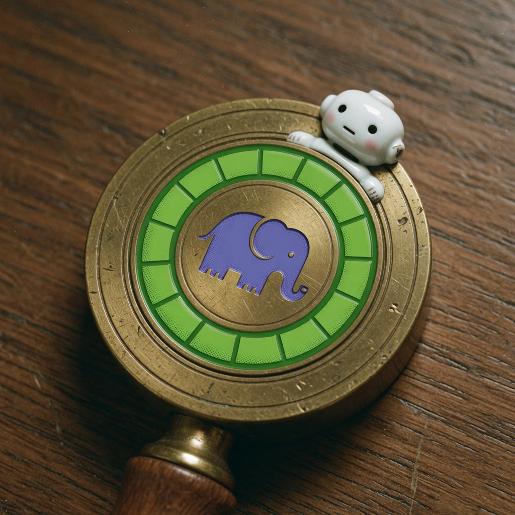 A brass archival stamp on walnut, its circular face a ring of green test-progress segments around a purple PHP elephant, with a tiny porcelain robot peeking over the rim.